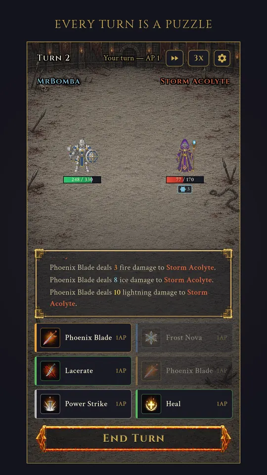 A combat turn: one weapon landing fire, ice and lightning damage at once, with the battle log and the action bar below it