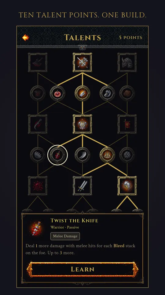 The talent tree mid spend: five of ten points placed down one branch, with a node selected and its effect shown before learning it