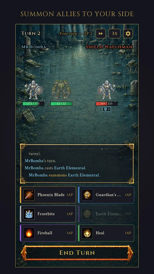 A summoned earth elemental standing in the line alongside the player