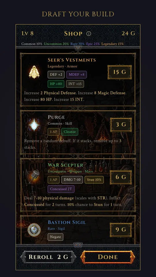 The shop between rounds: legendary armor, a skill, a weapon and a sigil, each priced by rarity, with a reroll