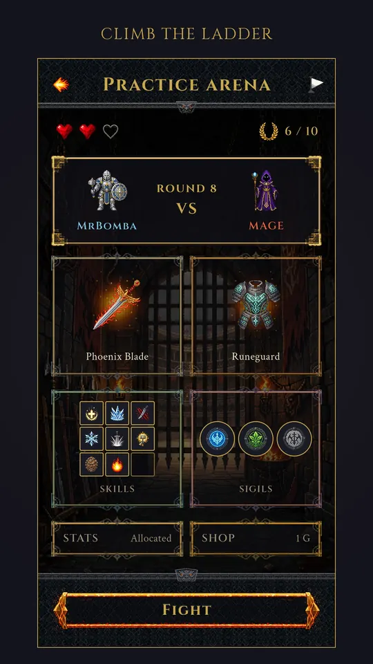 The arena lobby: weapon, armor, skills and sigils laid out against the next opponent